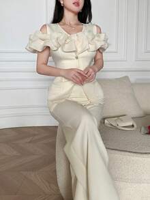 Feyla Women's Solid Color Ruffle Trim Top And Pants Suit - White - View 6
