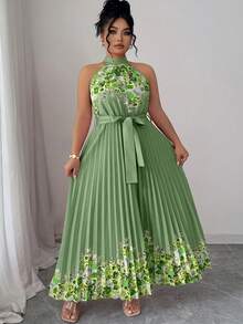 SHEIN Elenzya Đầm xếp ly cổ yếm in hoa thanh lịch cỡ lớn - màu xanh lá - Xem 7