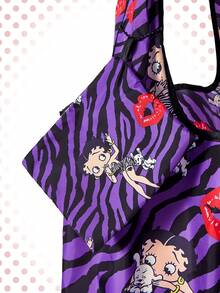 Betty Boop | ROMWE Bolso de tote plegable de gran capacidad con monedero, bolsa de compras portátil, bolsa de gimnasio - Morado - Ver 3
