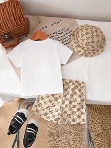 Souflis Souflis 3pcs Baby Boy Toddler Outfit - Vintage Floral Print Patchwork Top, Pants And Hat Set, Casual All-Match Suitable For Summer Outings, Vacation And All Occasions Toddler Set Baby Clothes Set - Apricot - View 3