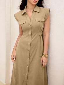 Seusyu Đầm cotton không tay cổ chữ V, eo thon, dài đến đầu gối dành cho nữ - Màu Khaki - Xem 6