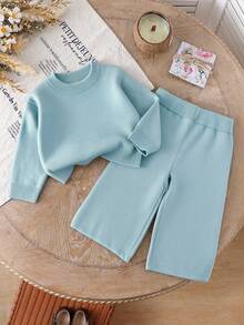 Baby Girl Fashionable Solid Color Long Sleeve Sweater And Pants Set, Suitable For Spring And Autumn Bamboo Baby Pajamas Light Blue Outfit 2 Years Old Girl Warm Baby Clothes Light Blue Matching Set Toddler Girl Blue Toddler Outfit Autumn And Winter Two Piece Suit Toddler Two Piece Sets Baby Girl Warm Sets Baby Two Piece Set Two Piece Winter Outfits For Toddler Girl