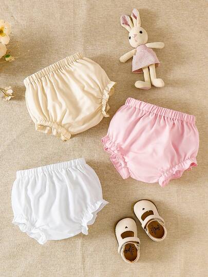 SHEIN Souflis 3pcs/Set Toddler Boys' Casual Cute & Versatile Shorts Baby Girl Bottoms Ruffle Hem Baby Panties Baby Bloomers Ruffles Toddler Baby Ruffle Shorts Multicolor Polyester Plain Cute Bloomers