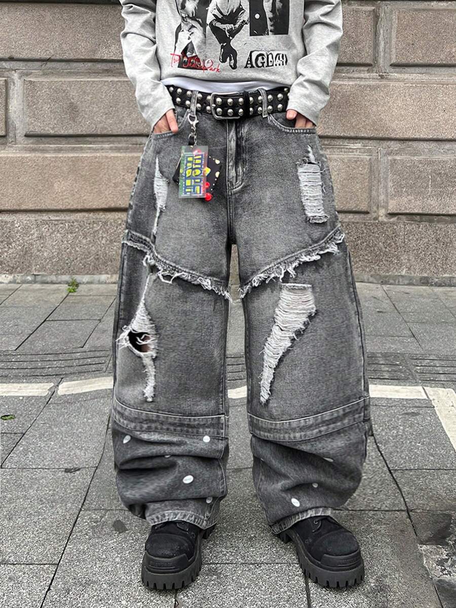 STEELVANCE 复古做旧珍珠装饰宽松阔腿牛仔裤，铆钉设计 - 黑色 - 查看 1