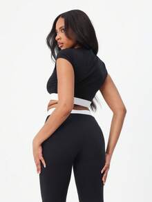 Logo Crop Top With White Contrast Band Trim Short Sleeve Crew Neck Casual Lounge Wear - Black - View 2