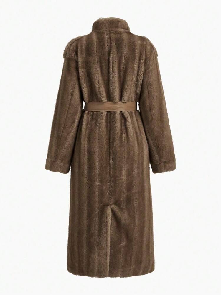 BROWN FAUX FUR LONG COAT WITH STAND COLLAR