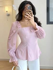 Feyla 优雅3D立体花卉雪纺长袖荷叶边下摆女式衬衫方领女式上衣优雅3D花朵衬衫粉色上衣女士优雅衬衫法式风格女式上衣和衬衫 - 藕粉色 - 查看 1