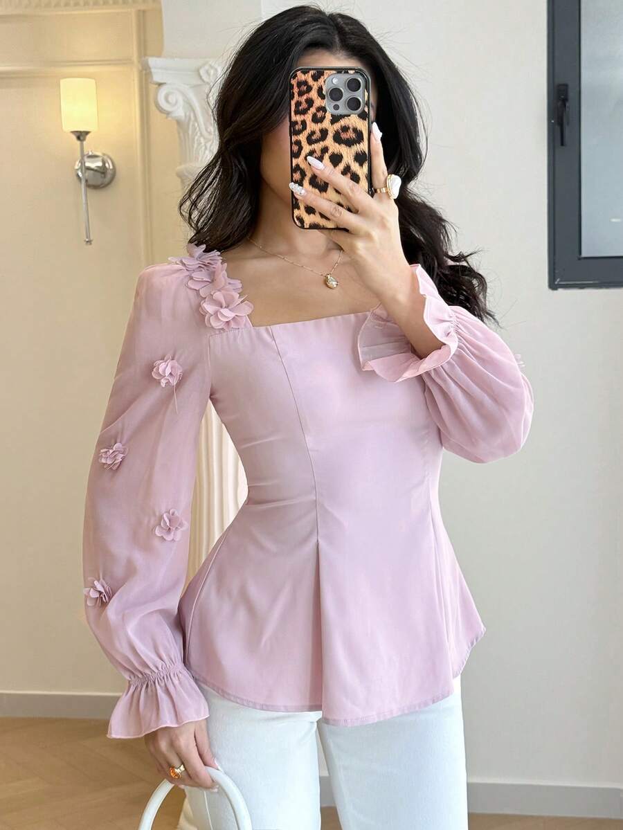 Feyla 优雅3D立体花卉雪纺长袖荷叶边下摆女式衬衫方领女式上衣优雅3D花朵衬衫粉色上衣女士优雅衬衫法式风格女式上衣和衬衫 - 藕粉色 - 查看 1