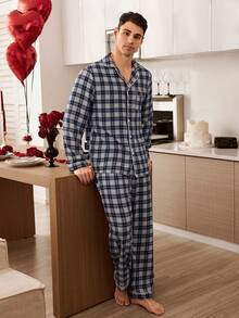 CoupledUp Blue & White Plaid Print Men's Casual Long Sleeve Pajama Set With Collar Matching Couple Pajama Set Button Up Pajamas Plaid Pajama Set - Blue and White - View 4