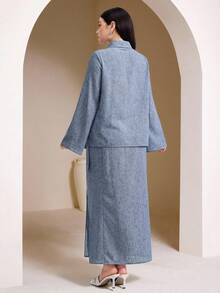 Veilorie 2pcs Women's Arabic Style Outfit (Long Sleeve Top And Skirt Set) - Blue - View 4