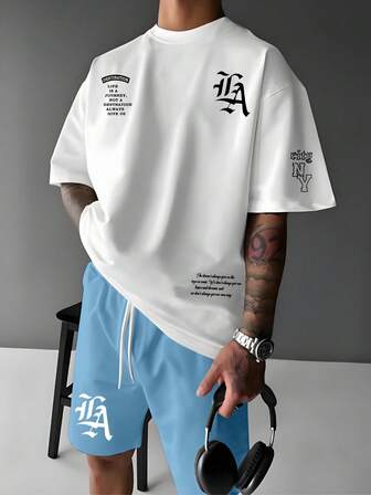 Manfinity Roughcore Ensemble t-shirt à manches courtes col rond avec slogan graphique et short décontracté pour homme, été