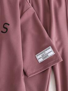 SHEIN Bộ đồ 2 món dành cho bé gái tuổi teen: Áo thun cổ tròn màu tím, dáng rộng, phối màu tương phản, in chữ tiếng Anh và nhãn dệt, tay lỡ 3/4, ống rộng, phong cách tối giản thường ngày kiểu học sinh. - Màu tím - Xem 6