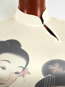 Mistrie Sleeveless Short Dress With A Stand-Up Collar, Slanted Lapel, Intricate Chinese-Style Classical Print, Stretch Fabric, Slimming Design, And A Seductive, Fashionable Silhouette That Hugs The Body And Has An A-Line Skirt. - Apricot - View 4