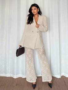 Rafferiza 女士优雅宽松双排扣长袖西装外套及喇叭蕾丝裤套装，春秋季 - 杏色 - 查看 5
