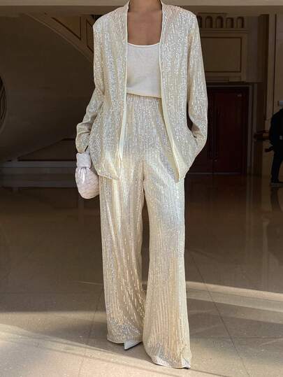 DAZY Women's Sequin Patchwork Long Sleeve Cardigan And Wide Leg Pants Casual Party Suit Y2k