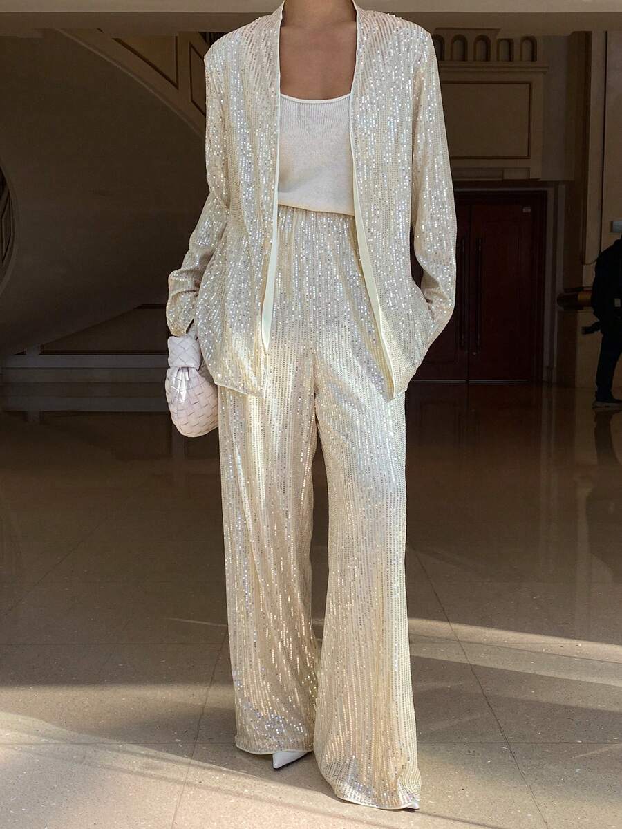 DAZY Women's Sequin Patchwork Long Sleeve Cardigan And Wide Leg Pants Casual Party Suit Y2k - Apricot - View 1