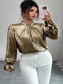 Elenzga Áo sơ mi nữ cỡ lớn thanh lịch, sang trọng, thích hợp cho công sở, với chi tiết ánh vàng, cổ áo xếp nếp, đính ngọc trai, xẻ tà sau, cúc nấm, cổ tay áo xếp ly, tay dài, dáng rộng, tôn dáng, phong cách thường ngày, thích hợp cho mùa xuân/thu. - Vàng - Xem 7