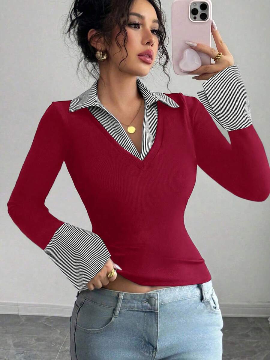 SHEIN Raffinéa 条纹印花撞色女式简约V领Polo衫弹力修身打底衫,适合休闲、俱乐部、商务休闲、音乐会、办公室等场合,尽显老钱风范。罗纹针织面料,高弹力,超柔软舒适,亲肤贴身,修身剪裁,休闲日常性感派对街头度假旅行约会,春夏秋冬新款钟形长袖T恤,蓝绿色女式长袖上衣,商务休闲秋季上衣。 - 紅色 - 查看 1