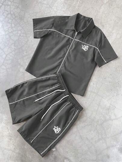 STYNVO Men's Star Print Short Sleeve Zip Collar Shirt And Shorts Casual Suit