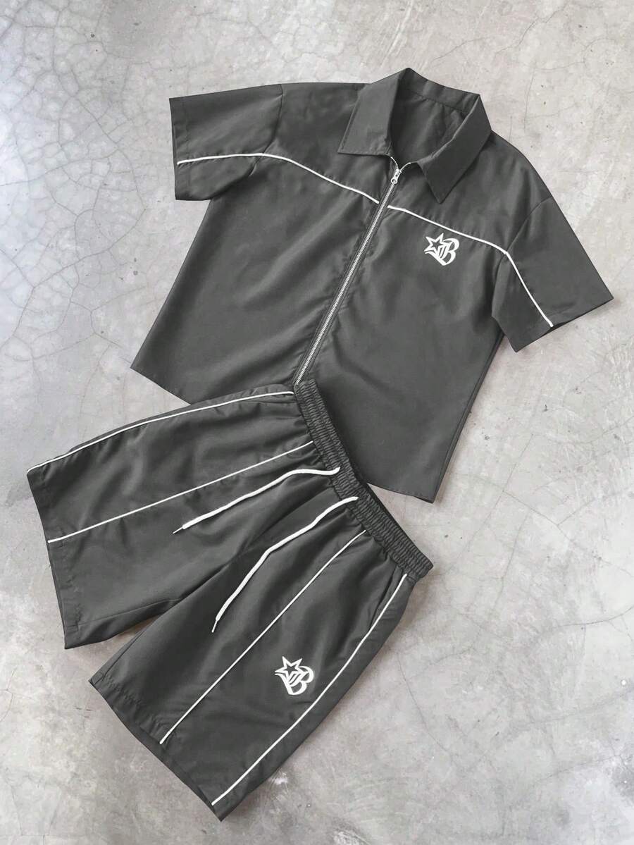 STYNVO 男士星形印花短袖拉链领衬衫和短裤休闲套装 - 深灰色 - 查看 1