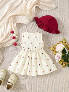 SHEIN 夏季新生女宝宝杏色圆领荷叶边卡通樱桃印花无袖红色蝴蝶结连衣裙带红帽优雅可爱 - 杏色 - 查看 2