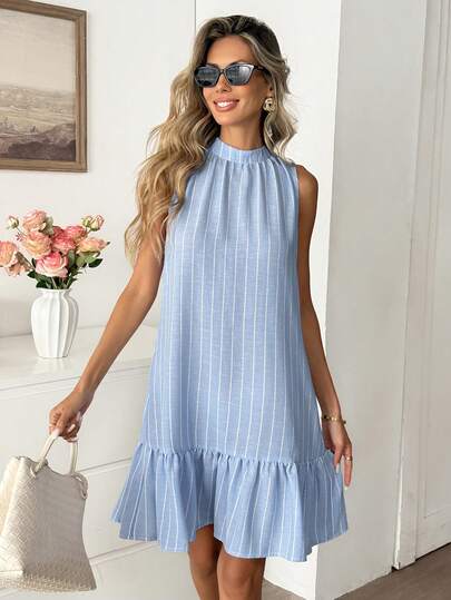 Easowa Rochie mini casual cu dungi și spate decoltat pentru femei