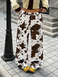 SHEIN EZwear Women's Cow Print Casual Pants: Stylish Woven Fabric Long Pants With Zipper Detail,Country