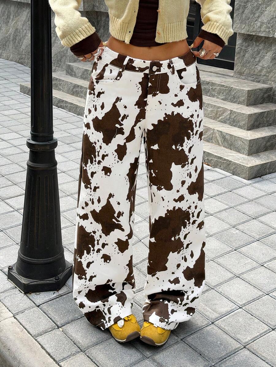 SHEIN EZwear Women's Cow Print Casual Pants: Stylish Woven Fabric Long Pants With Zipper Detail,Country