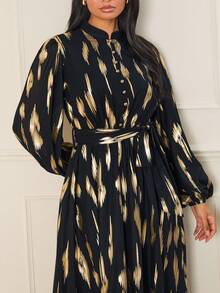 Lilora Elegantes Pendler-Maxikleid mit goldener Folien-Laternenärmel für Damen, raffinierte und elegante Outfits vom Frühling bis Sommer, Frühlingsoutfit für Damen - Schwarz - Übersicht 2