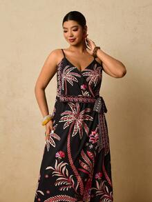 Travachic Plus Size Women's Black Tropical Floral Print Dress, Spaghetti Strap Wrap Tie Bow Long Dress, Early Spring Holiday Beach Dress - Black - View 5