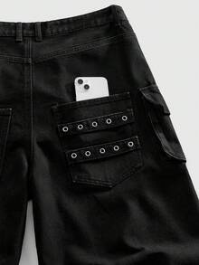 ROMWE MEN Street Life Men's Punk Street Style Distressed Loose Low Waist Cargo Shorts - Black - View 10