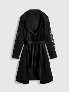 ROMWE Gothic Thorns Witch Mushroom Forest Plant Butterfly Pattern Long Witch Cloak, Long Women's Coat, Black Coat Jacket, Dark Gothic Mysterious Vintage Plus Size Jacket