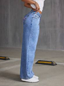 SHEIN Tall Jeans rectos lavados con bordados de lazo - Azul lavado medio - Ver 3