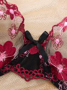 2件套女士花卉刺绣薄纱钢圈文胸内裤套装，浪漫内衣，黑色 - 黑色 - 查看 6
