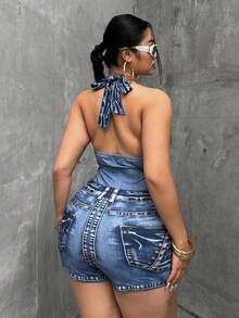 POPSWAY 时尚牛仔印花露背弹力针织连体衣 - 藍色 - 查看 2