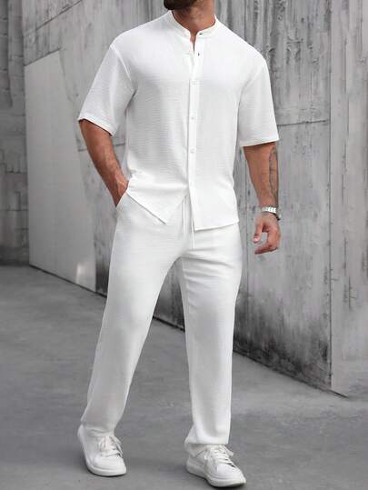 Manfinity CasualCool Camisa de manga corta de tela suave color marfil y pantalones con cordón y cintura elástica, adecuados para vacaciones casuales, salir con amigos, fiestas, salón, oficina diaria, negocios minimalistas, especialmente apropiados para las temporadas de primavera y otoño, adecuados para usarlos usted mismo o regalarlos a amigos