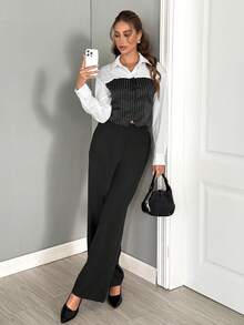 Easowa Conjunto casual de 2 piezas de camisa de manga larga con rayas y parches y pantalones de pierna ancha para mujer - Blanco y Negro - Ver 4