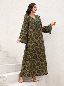 Al Najma Women's Arabic Style Dress With Flared Sleeves, Collar And Cuff Ruffle Trim, Spring/Summer - Green - View 7
