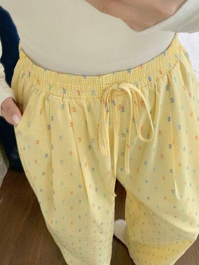 Dazy Plus Fashionable Cute Colorful Polka Dot Elastic Waist Drawstring Straight Loose Plus Size Women Spring/Autumn Pajama Bottoms