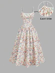 SHEIN MOD Váy ren thanh lịch họa tiết hoa màu tương phản dành cho nữ - Nhiều màu - Xem 3