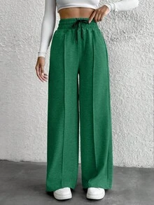 Cotton Petite Drawstring Waist Wide Leg Pants - Dark Green - View 4