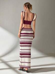 EURMUSE Women Top And Skirt Openwork Sweater Cover Up Set - Violet Purple - View 2