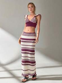 EURMUSE Women Top And Skirt Openwork Sweater Cover Up Set - Violet Purple - View 4