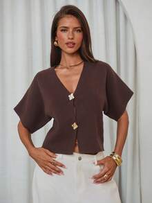 Aloruh 老钱风上衣，简约时尚通勤款，深V领短袖修身双扣针织衫，棕色女式上衣，春季女装，女士外出上衣 - 棕色 - 查看 8