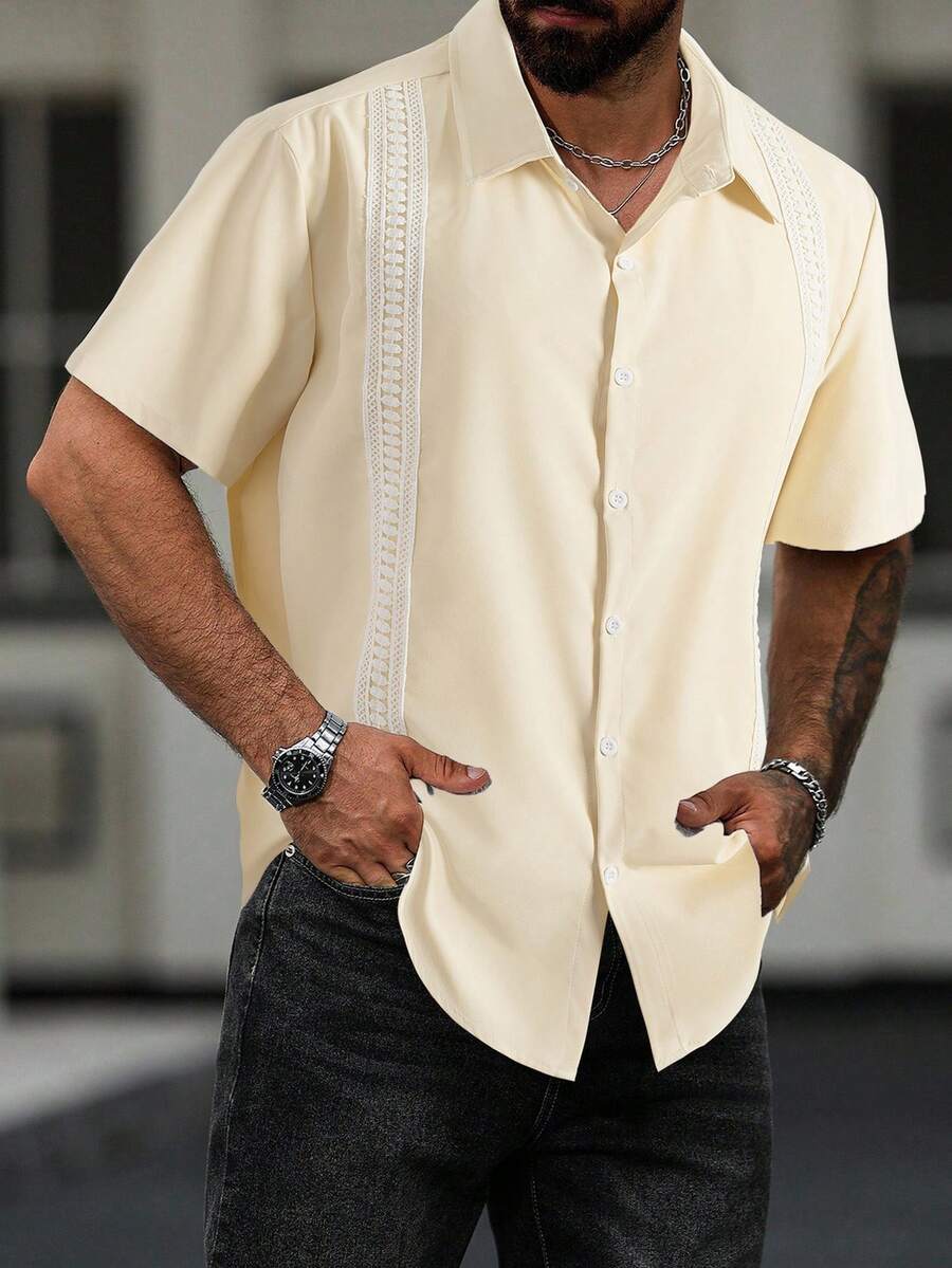 Manfinity Homme Plus Size Men's Fashion Casual Floral Patchwork Button-Up Shirt - Apricot - View 1