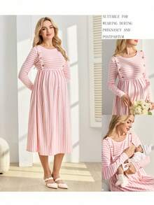 GentleRue Maternity 孕妇条纹圆领休闲哺乳连衣裙，长袖设计，适合日常穿着 - 粉色 - 查看 10