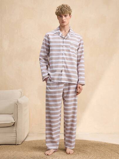 EverLounge 复古英伦绅士条纹翻领上衣和裤子睡衣套装，舒适优雅的细节设计，秋季男士家居服套装