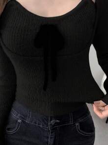 FRIFUL Women's Apricot Solid Color Inner Pocket Sleeveless Jacket, Long Sleeve Contrast Color Drawstring Bow Knit Sweater 2-Piece Set, Autumn - Black - View 4