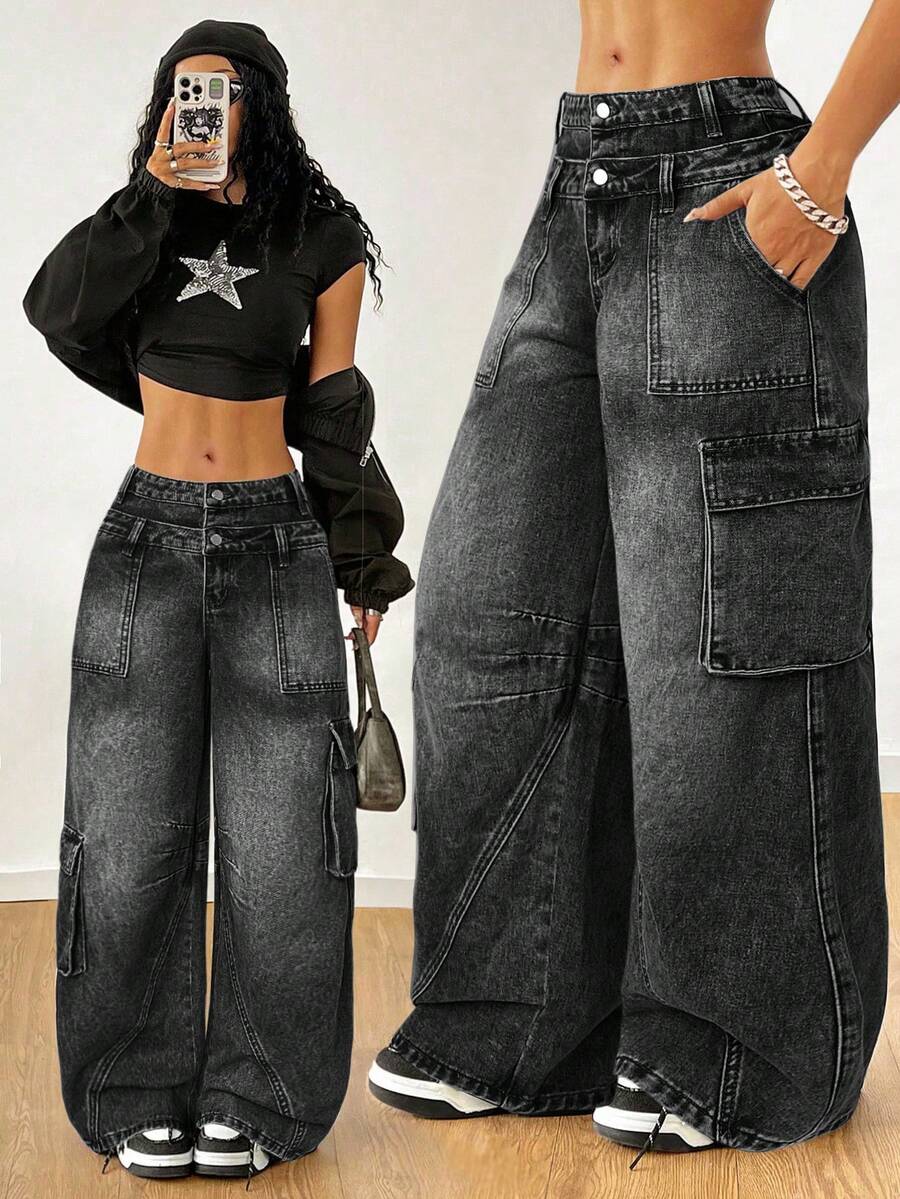 SHEIN 少女休闲水洗低腰阔腿工装牛仔裤 - 黑色 - 查看 1