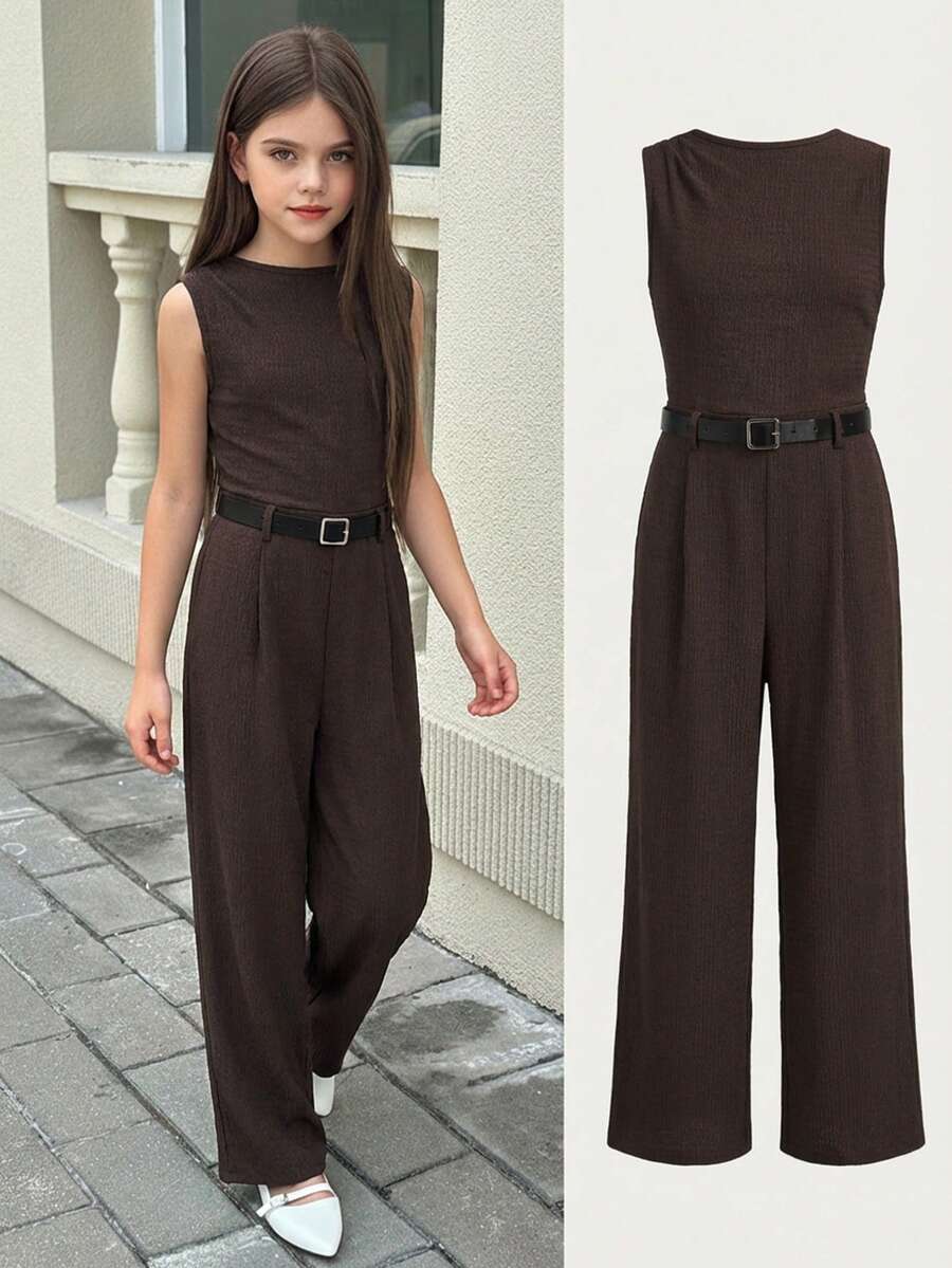 Firerie Kids Firerie Kids 少女休闲连体裤，圆领，无袖，带腰带装饰 - 棕色 - 查看 1